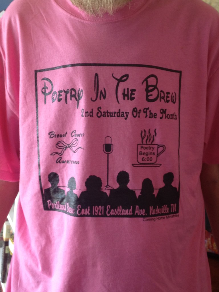 The t-shirt to help raise funds for Jamie's passion of Poetry in the Brew and her fight against cancer ongoing.  Find shirts at East Side Story- 1108 Woodland Street, Unit B